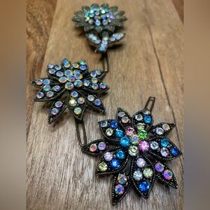 Colorful Rhinestone Flower Hair Clips, set of 3